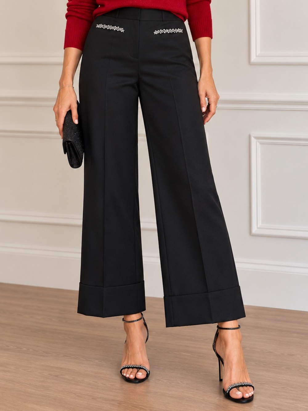 LOFT Outlet Black Wide-Leg Ankle Pants with Embellished Pockets, size 2 NWT